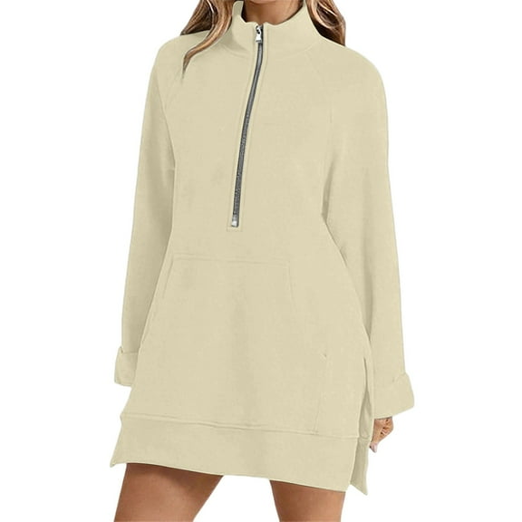 DHFJKG Women's Half Zip Side Slit Longline Sweatshirt Solid Color Casual Fall Winter Pullover Top Loose Fit Comfortable Athletic Wear Long Sleeve Stand Collar Cozy Tops