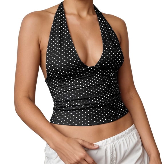 DHFJKG Women's Halter Camisole Top Polka Dot Backless Streetwear Sleeveless Cropped Camisole Shirts Deep V Neck Low Cut Trendy Tops