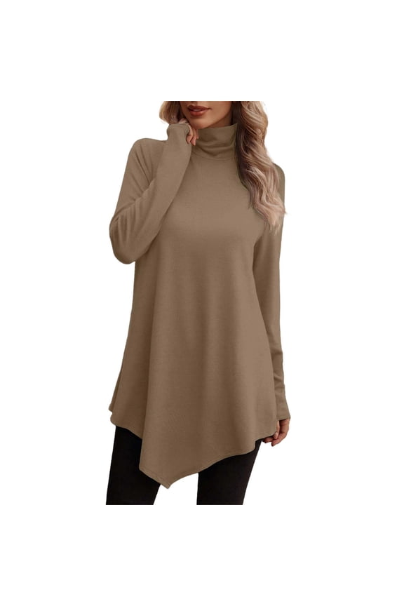 Women's High Neck Base Layer Top Solid Color Long Sleeve Irregular Hem Pullover Athletic Top Loose Fit Tunic Spring Fall Versatile Tops