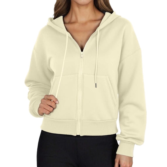 DHFJKG Women's Hooded Crop Sweatshirt Coat Solid Color Long Sleeved Drop Shoulder Zipper Drawstring Hoodies Leisure Tops