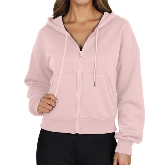 DHFJKG Women's Hooded Crop Sweatshirt Coat Solid Color Long Sleeved Drop Shoulder Zipper Drawstring Hoodies Relaxed Fit Tops