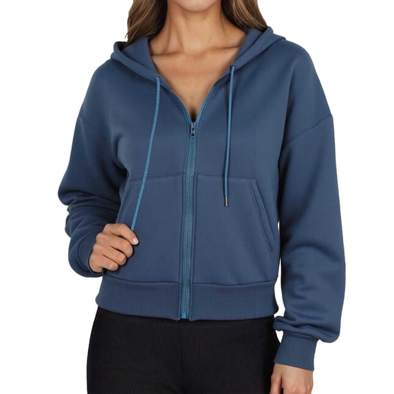 DHFJKG Women's Hooded Crop Sweatshirt Coat Solid Color Long Sleeved Drop Shoulder Zipper Drawstring Hoodies Trendy Tops