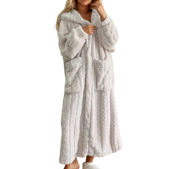 DHFJKG Women's Hooded Plush Robes Flannel Nightgown Jacquard Solid Color Loose Fit Button Up Housecoat Sleepwear Loungewear For Autumn Winter Relaxation Leisure Homewear