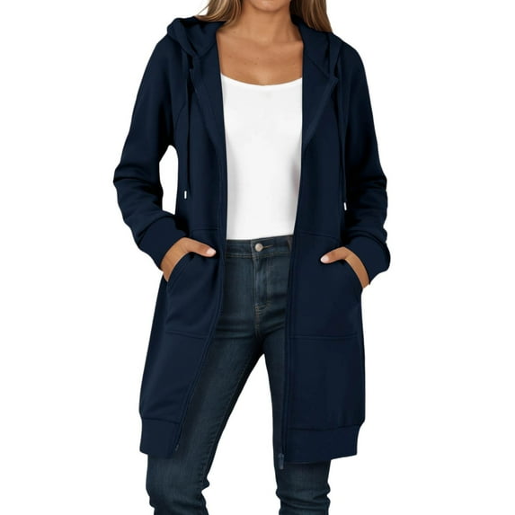 DHFJKG Women's Hooded Sweatshirt Zipper Coat Long Sleeved Pocket Solid Color Casual Knee-Length Hoodies Jacket With Drawstring For Autumn Winter Cozy Tops