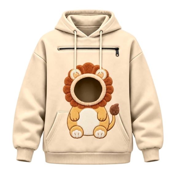 DHFJKG Women's Hoodie With Pet Pouch, Cute Lion Graphic Pet Holder Zipper Pocket Carries Pullover