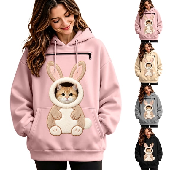 DHFJKG Women's Hoodie With Pet Pouch, Cute Rabbit Graphic Pet Holder Zipper Pocket Carries Pullover