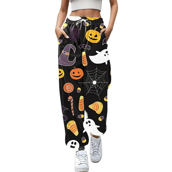DHFJKG Women's Jogger Pants Relaxed Fit Halloween Print Drawstring High Waist Casual Pants With Pockets For Daily Wear Trendy Trousers