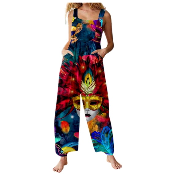 DHFJKG Women's Jumpsuits Summer Bib Overalls Carnival Printed One Piece Outfits Sleeveless Wide Leg Pants Rompers With Pockets Rave Party Versatile Onesie