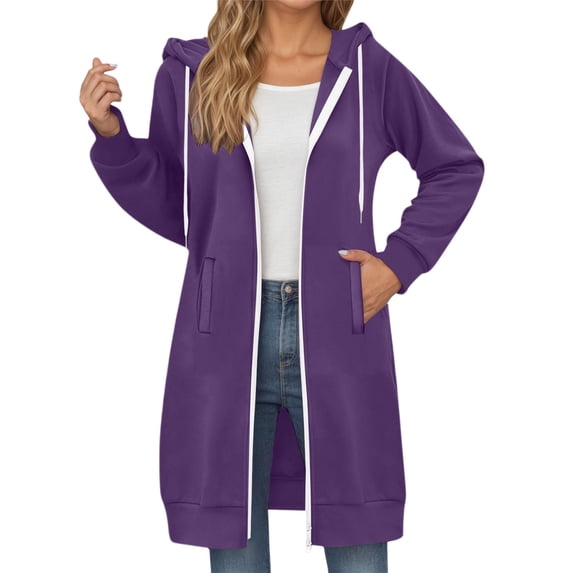 DHFJKG Women's Above Knee Hooded Coat Solid Color Casual Zipper Pullover With Drawstring Pockets Sweatshirt For Everyday Wear In Fall And Winter Fashionable Coats