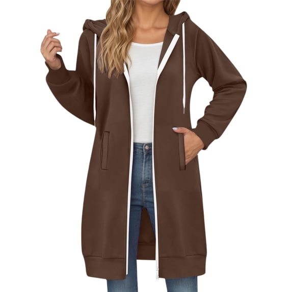DHFJKG Women's Above Knee Hooded Coat Solid Color Casual Zipper Pullover With Drawstring Pockets Sweatshirt For Everyday Wear In Fall And Winter Leisure Coats
