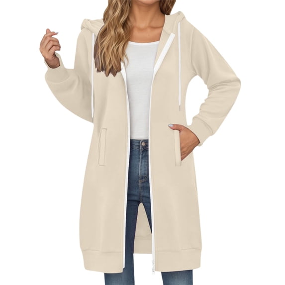 DHFJKG Women's Above Knee Hooded Coat Solid Color Casual Zipper Pullover With Drawstring Pockets Sweatshirt For Everyday Wear In Fall And Winter Trendy Jackets