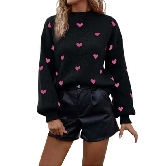 DHFJKG Women's Knit Pullover Sweater Heart Print Long Sleeve Crew Neck Loose Fit Knitted Jumper Tops For Autumn Winter Warm Leisure Tops