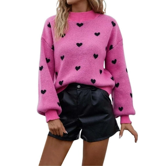 DHFJKG Women's Knit Pullover Sweater Heart Print Long Sleeve Crew Neck Loose Fit Knitted Jumper Tops For Autumn Winter Warm Leisure Tops
