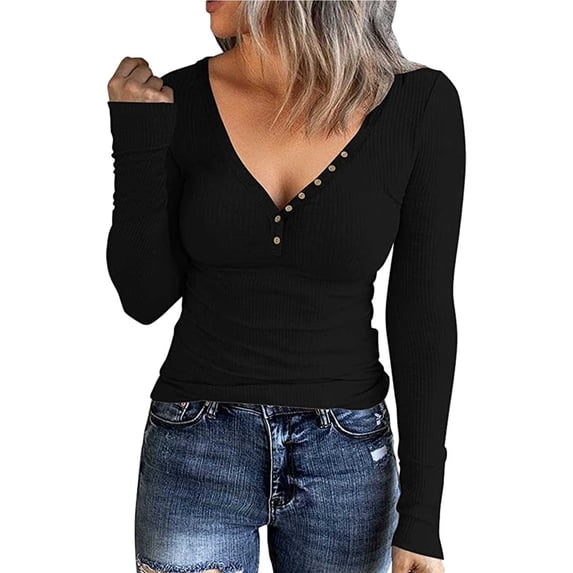 DHFJKG Women's Knit Ribbed Sweaters Base Pullover Slim Fit Solid Color Button-Up Placket V-Neck Knitted Layering Top Soft Jumper Tops