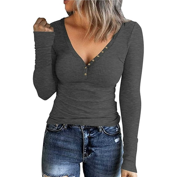 DHFJKG Women's Knit Ribbed Sweaters Base Pullover Slim Fit Solid Color Button-Up Placket V-Neck Knitted Layering Top Soft Jumper Tops