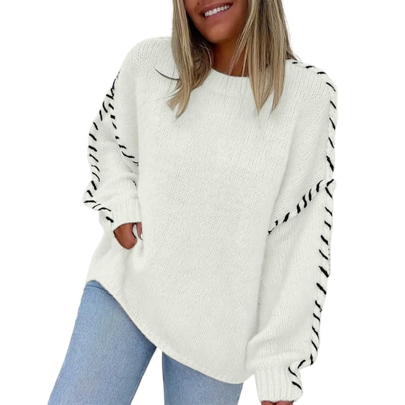 DHFJKG Women's Knitted Pullover Sweater Solid Color Crew Neck Long Sleeved Loose Fit Top Knitwear Rope Oversized Cozy Tops