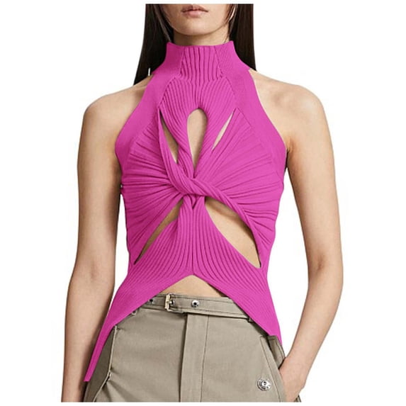 DHFJKG Women's Knitted Tank Top High Neck Sexy Hallow Out Sleeveless Solid Color Crop Tops Night Out Clothes Stylish Cami Shirt