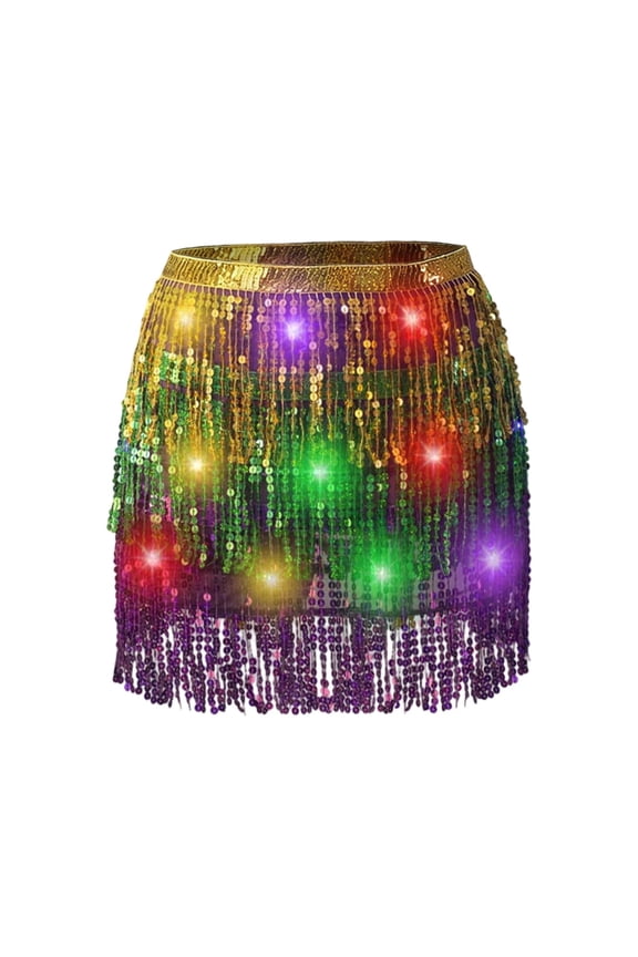 Women's LED Light Up Skirts Belly Dance Sequined Tassels Performance Stage Mini Skirt Trendy Skirt