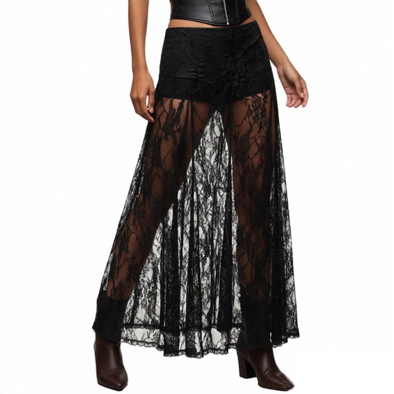 DHFJKG Women's Lace Sheer Maxi Skirts Floral A-Line Ruffle Boho Gothic Long Skirts See Through Stylish Skirt