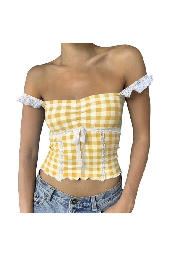 Women's Lace Trim Camisole Plaid Square Neck Crop Tank Tops Spaghetti Strap Going Out Slim Fit Shirts Stylish Top