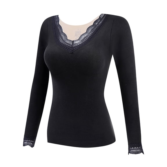 DHFJKG Women's Lace Trim Thermal Padded Tops Fuzzy Lining Slim Fit Solid Color Long Sleeve V-Neck Bottoming Shirts Warm Comfort Jumper Tops