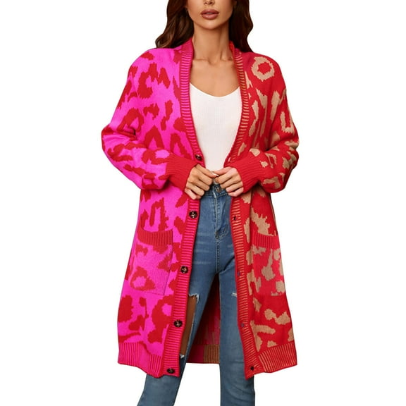DHFJKG Women's Leopard Knit Cardigan Sweater Mid Length Deep V Neck Button Down Knitted Jacket Autumn Winter Comfort Outerwear