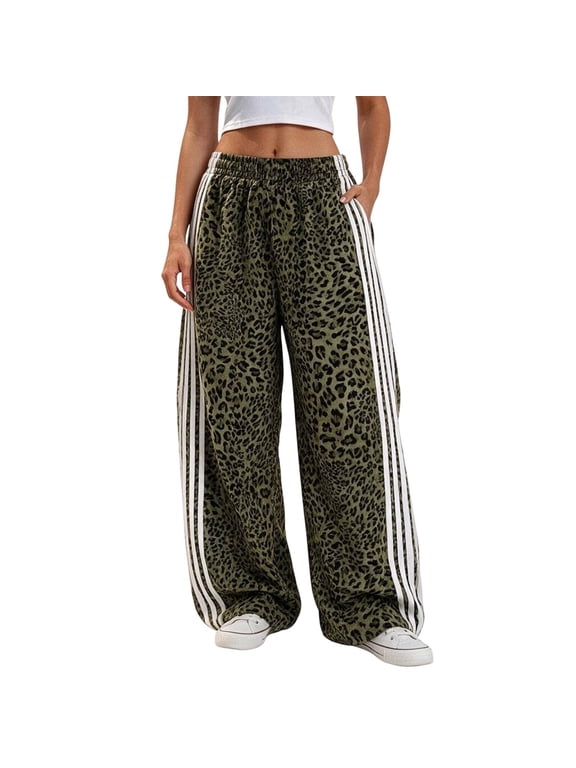 Women's Leopard Sweatpants Y2k Baggy Wide Leg Side Striped Streetwear Trousers
