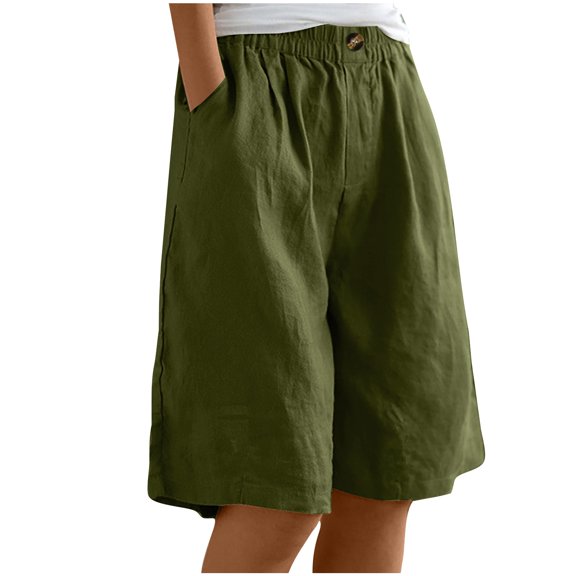 DHFJKG Women's Linen Shorts Elastic Waist Knee Length Lightweight Soft Solid Color Summer Casual Shorts Beach Vacation Clothes Stylish Bottoms