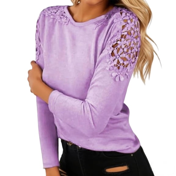DHFJKG Women's Long Sleeve T Shirt Lace Hallow Out Crew Neck Solid Color Loose Fit Basic Top Spring Fall Undershirts Versatile Tops