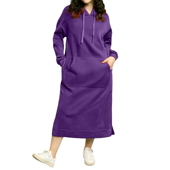 DHFJKG Women's Loose Fit Hooded Sweatshirt Dress Plus Size Solid Color Casual Fashion Dresses With Large Pocket And Drawstring Long Sleeve For Autumn Winter Comfort Pullover