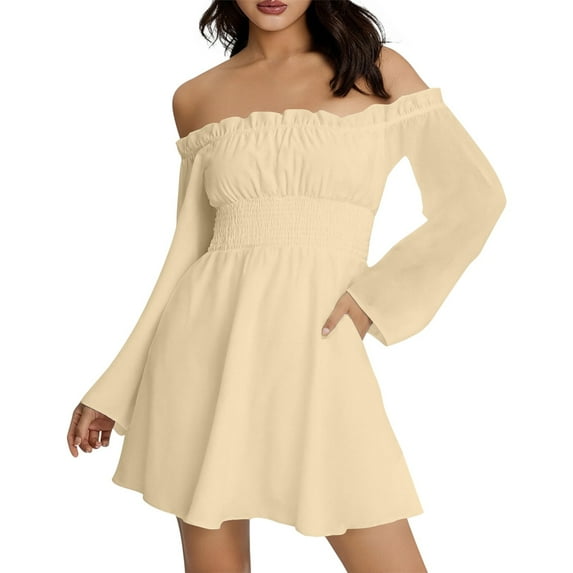 DHFJKG Women's Off The Shoulder Long Flared Sleeve Mini Dress Smocked Waist Solid Color Party Club Dresses 2026 Stylish Dresses