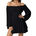 thumbnail image 1 of DHFJKG Women's Off The Shoulder Long Flared Sleeve Mini Dress Smocked Waist Solid Color Party Club Dresses 2026 Stylish Dresses, 1 of 9