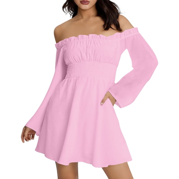 DHFJKG Women's Off The Shoulder Long Flared Sleeve Mini Dress Smocked Waist Solid Color Party Club Dresses 2026 Stylish Dresses