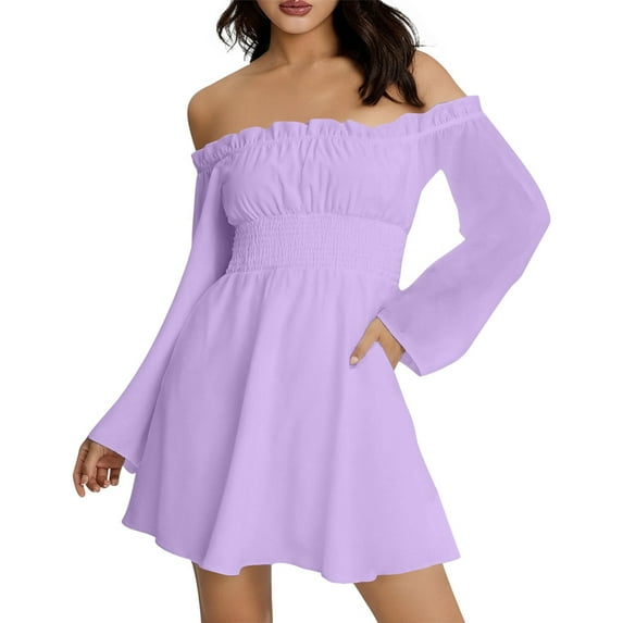 DHFJKG Women's Off The Shoulder Long Flared Sleeve Mini Dress Smocked Waist Solid Color Party Club Dresses 2026 Versatile Dresses