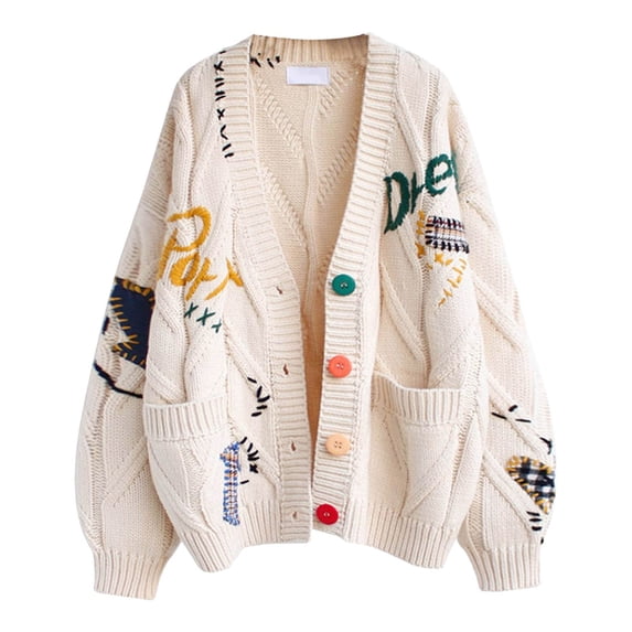 DHFJKG Women's Oversized Crop Cardigan Sweater Embroidery Loose Fit Cropped Knitted Coat Jacket Slouchy Long Sleeve Button Up With Pockets Soft Outerwear