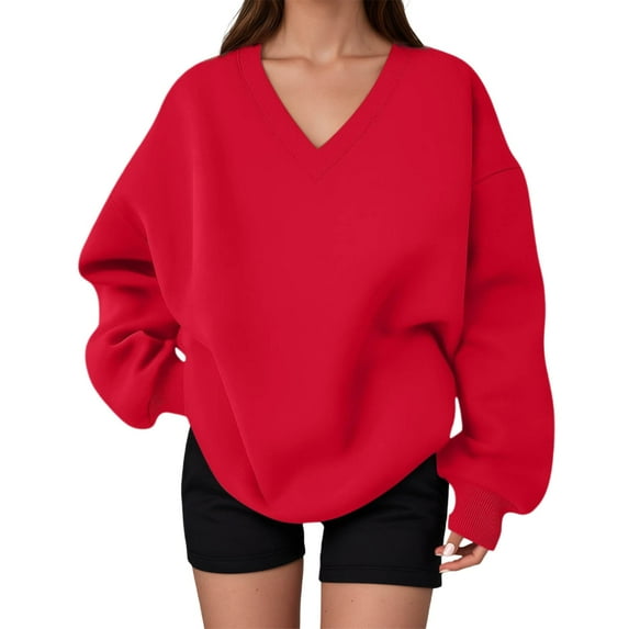 DHFJKG Women's Oversized Sweatshirt V Neck Long Sleeved Pullover Solid Color Casual Sporty Hoodless Sweatshirts Classic Tops
