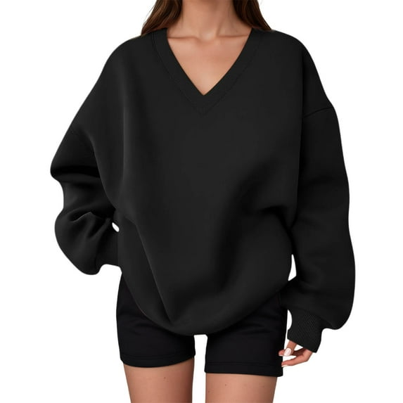 DHFJKG Women's Oversized Sweatshirt V Neck Long Sleeved Pullover Solid Color Casual Sporty Hoodless Sweatshirts Trendy Tops