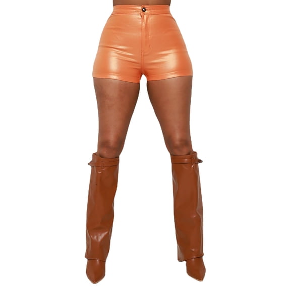 DHFJKG Women's PU Leather Leggings Shorts High Waisted Stretchy Metallic Flat Front Leather Hot Pants Summer Night Out Clubwear Comfortable Bottoms