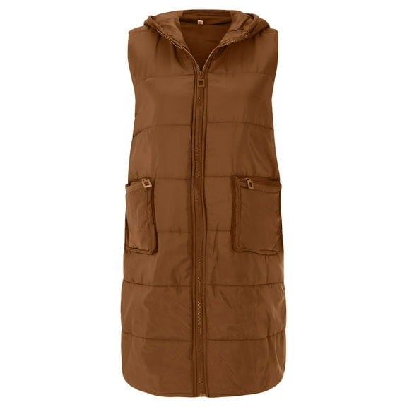DHFJKG Women's Padded Vest Coat Lightweight Solid Color Hooded Zipper Slim Fit Sleeveless Mid-Long Jacket For Autumn Winter Soft Jackets