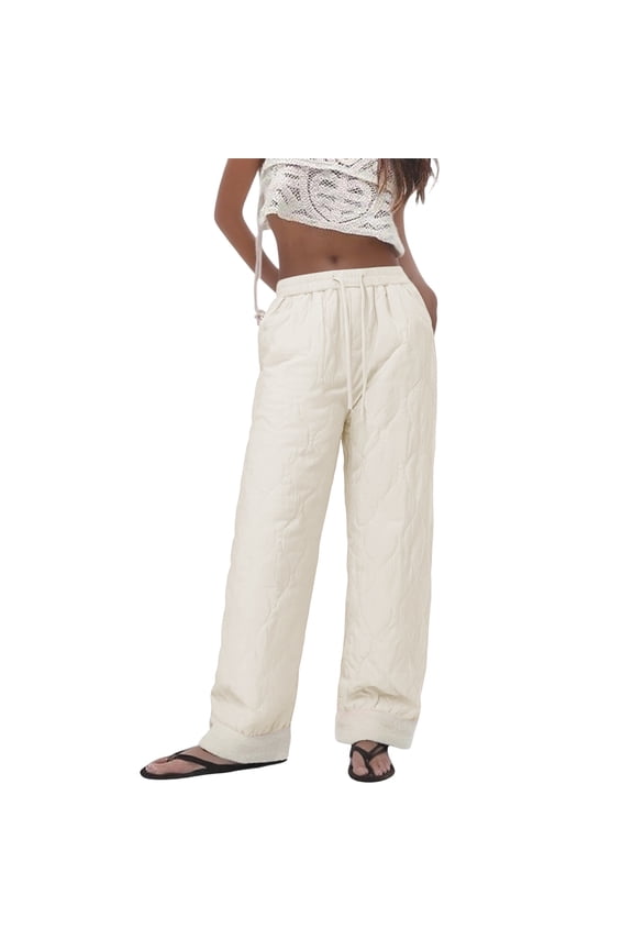 Women's Pants Padded Winter Bottoms With Fuzzy Lining Warm Thermal Windproof Loose Fit Straight Leg Drawstring Waistband Trousers Outdoor Cozy Trousers