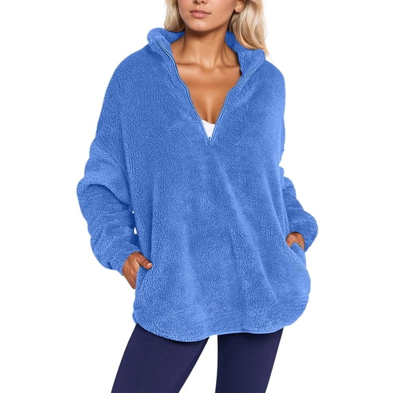 DHFJKG Women's Quarter Zip Fuzzy Sweatshirts Windproof Solid Color Long Sleeve Stand Collar Loose Fit Pullover Thickened Cozy Jumper Tops