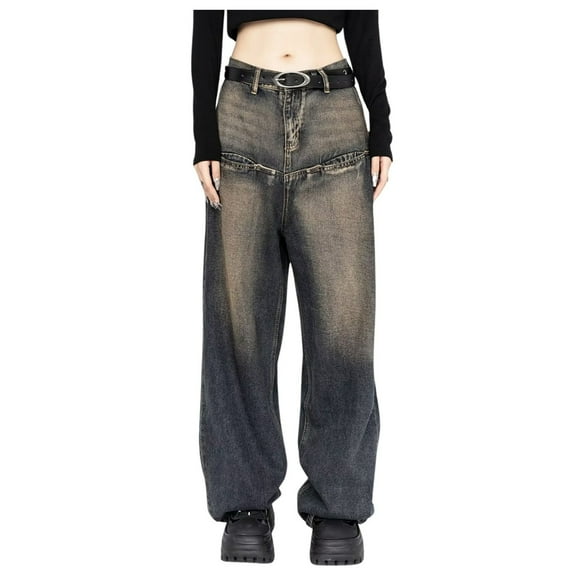 DHFJKG Women's Retro Washed Jeans Wide Leg Loose Fit Palazzo Long Denim Pants With Pockets Vintage Y2K Street Stylish Trousers