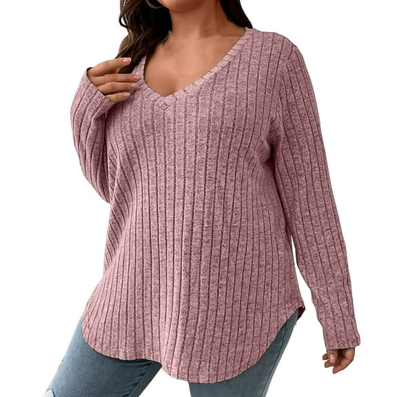 DHFJKG Women's Ribbed Sweaters Plus Size V Neck Curved Hem Long Sleeve Loose Fit Knitwear Pullover Solid Color Cozy Jumper Tops