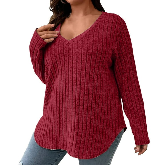DHFJKG Women's Ribbed Sweaters Plus Size V Neck Curved Hem Long Sleeve Loose Fit Knitwear Pullover Solid Color Versatile Jumper Tops