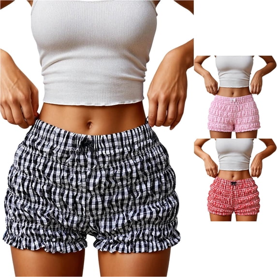 DHFJKG Women's Ruffle Shorts Plaid Bloomer Shorts Elastic Waist Cute Summer Bottoms Hot Pants