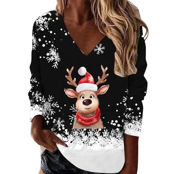 DHFJKG Women's Santa Loose Fit Pullover V Neck Reindeer Printed Sweatshirt Long Sleeve Funny Tops