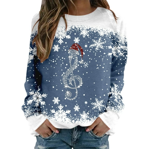 DHFJKG Women's Santa Pullover Musical Note Printed Long Sleeve Crew Neck Casual Sweatshirt Versatile Tops
