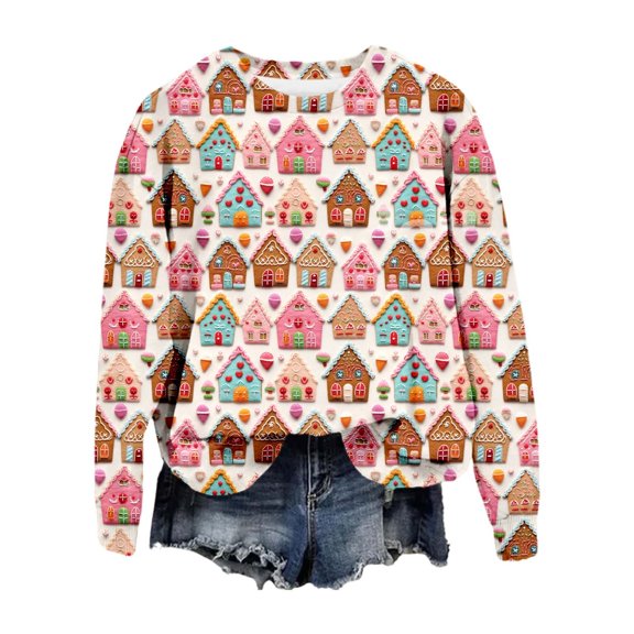 DHFJKG Women's Santa Sweatshirt Casual 3D Cartoon Print Loose Fit Long Sleeve Pullover With Round Neck Winter Comfort Tops