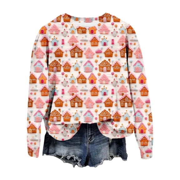 DHFJKG Women's Santa Sweatshirt Casual 3D Cartoon Print Loose Fit Long Sleeve Pullover With Round Neck Winter Soft Tops