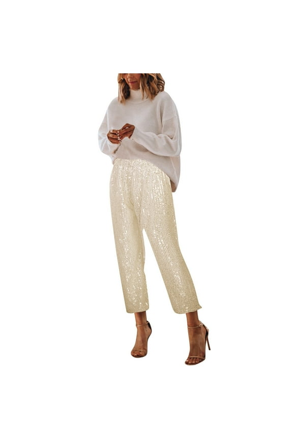Women's Sequins Sparkle Pants Straight Leg Elastic Waist Solid Color Pants Party Club Classic Trousers